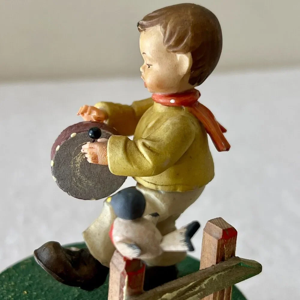 VTG Anri Reuge Rotating Music Box Boy/Bird Plays The Little Drummer Boy WORKING
